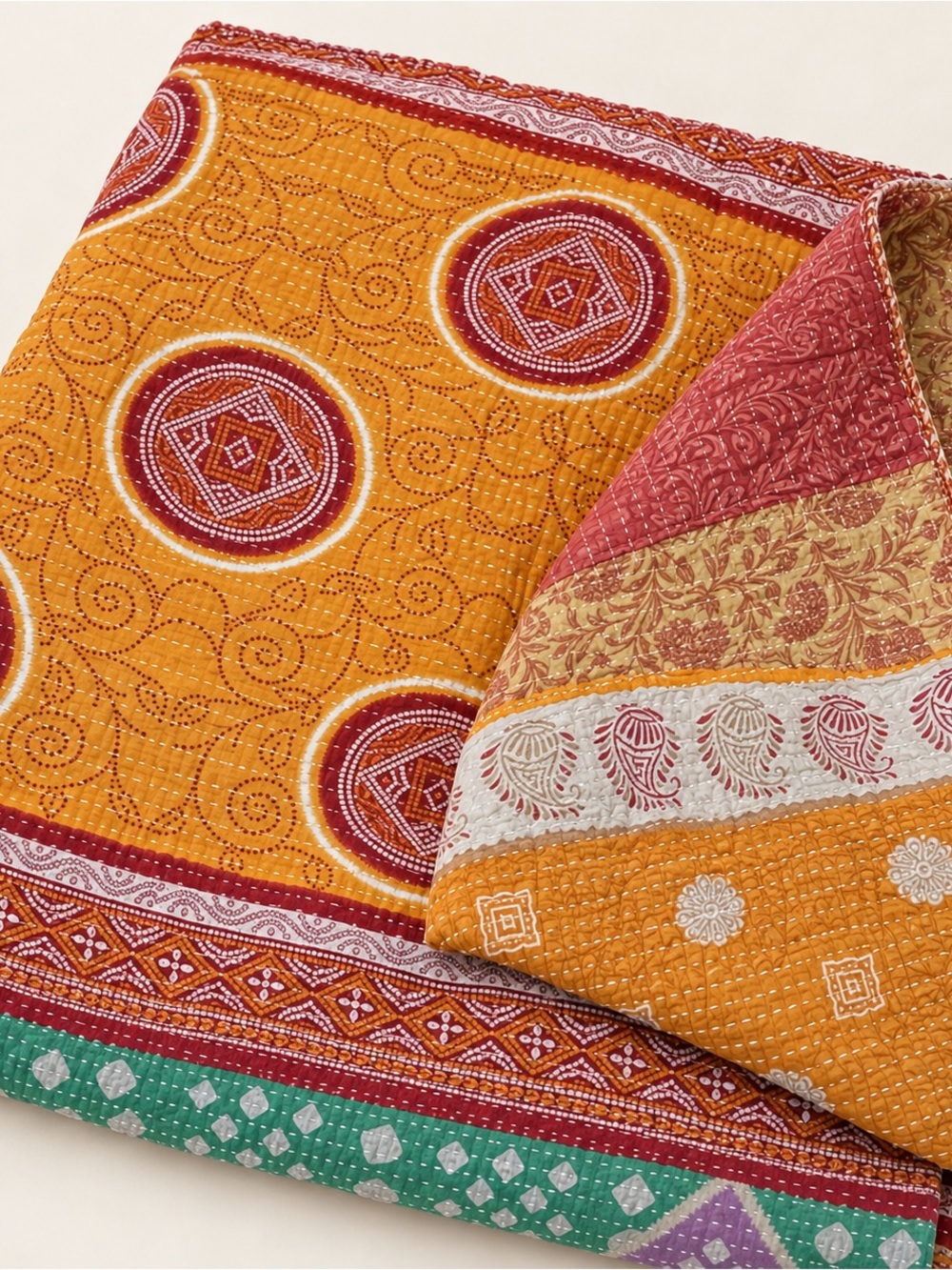Reversible Kantha Quilt Boho Bedspread Throw Orange Multicolor 87 x 100